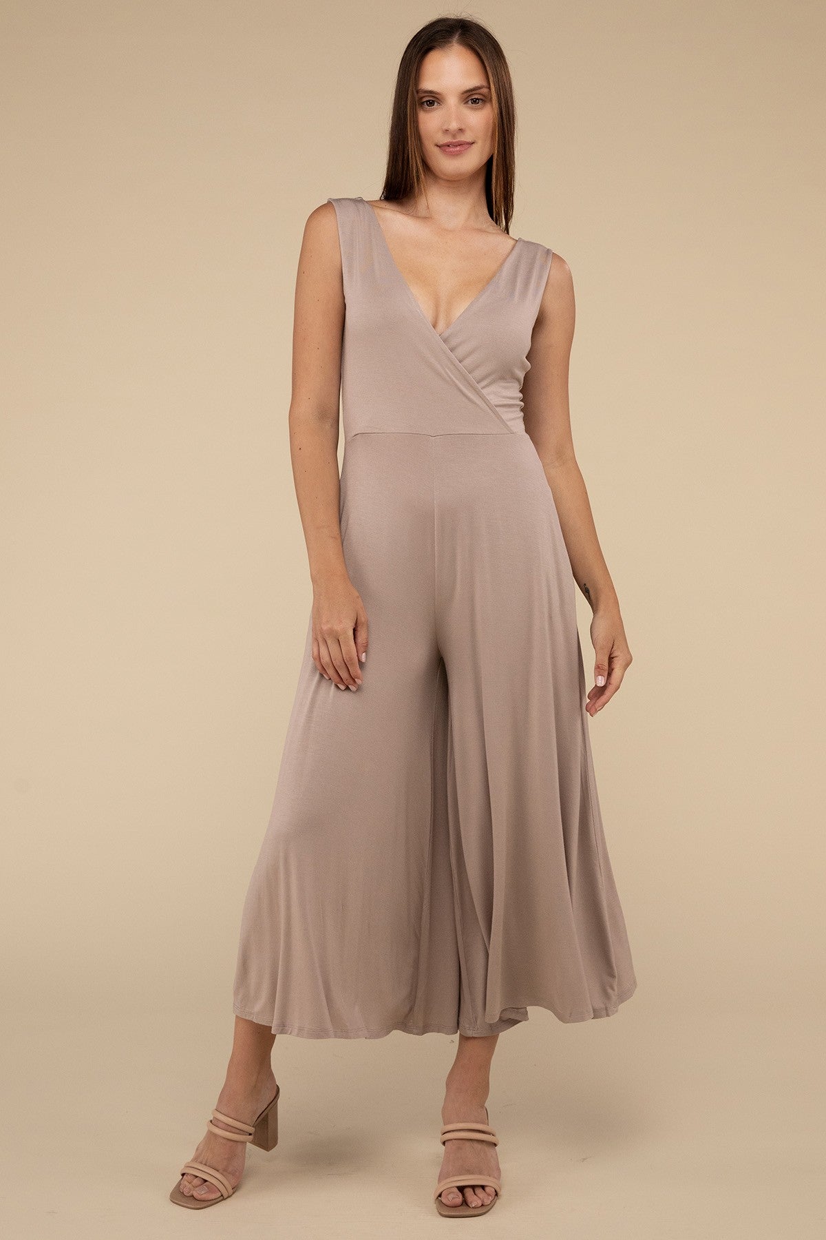Surplice Neckline Sleeveless Midi Flared Jumpsuit ZENANA