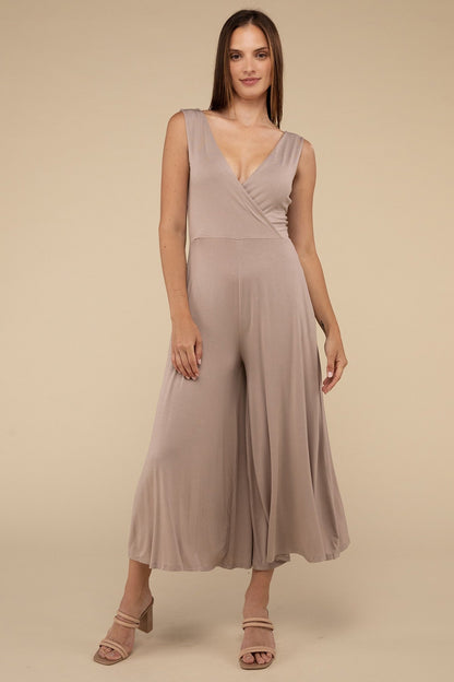 Surplice Neckline Sleeveless Midi Flared Jumpsuit ZENANA