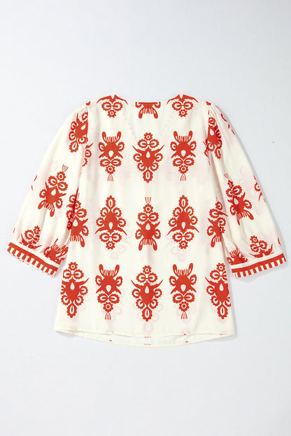 Vintage Geometric Printed V Neck Blouse  DAME BOHEME