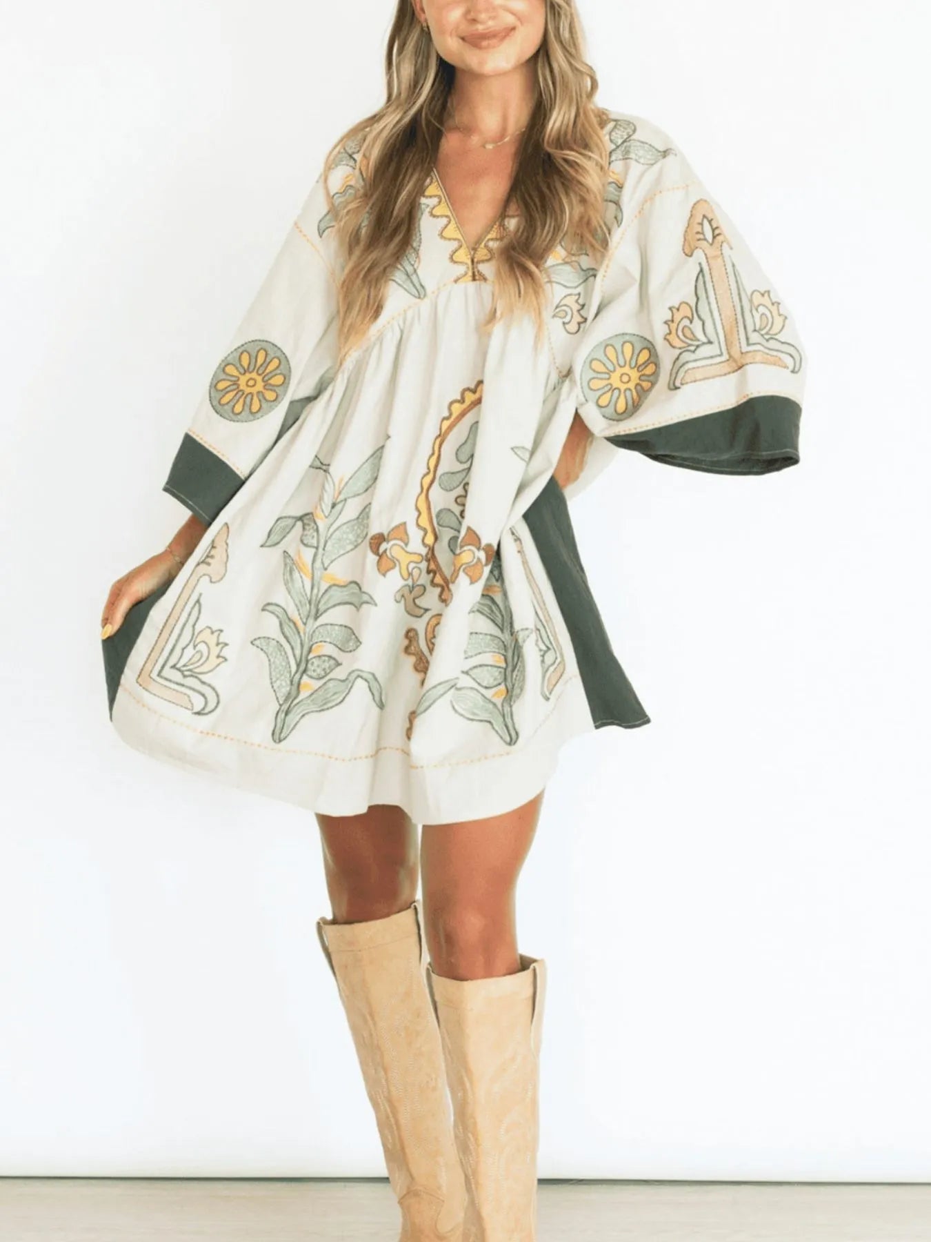 Printed V-Neck Kimono Sleeve Mini Dress Trendsi