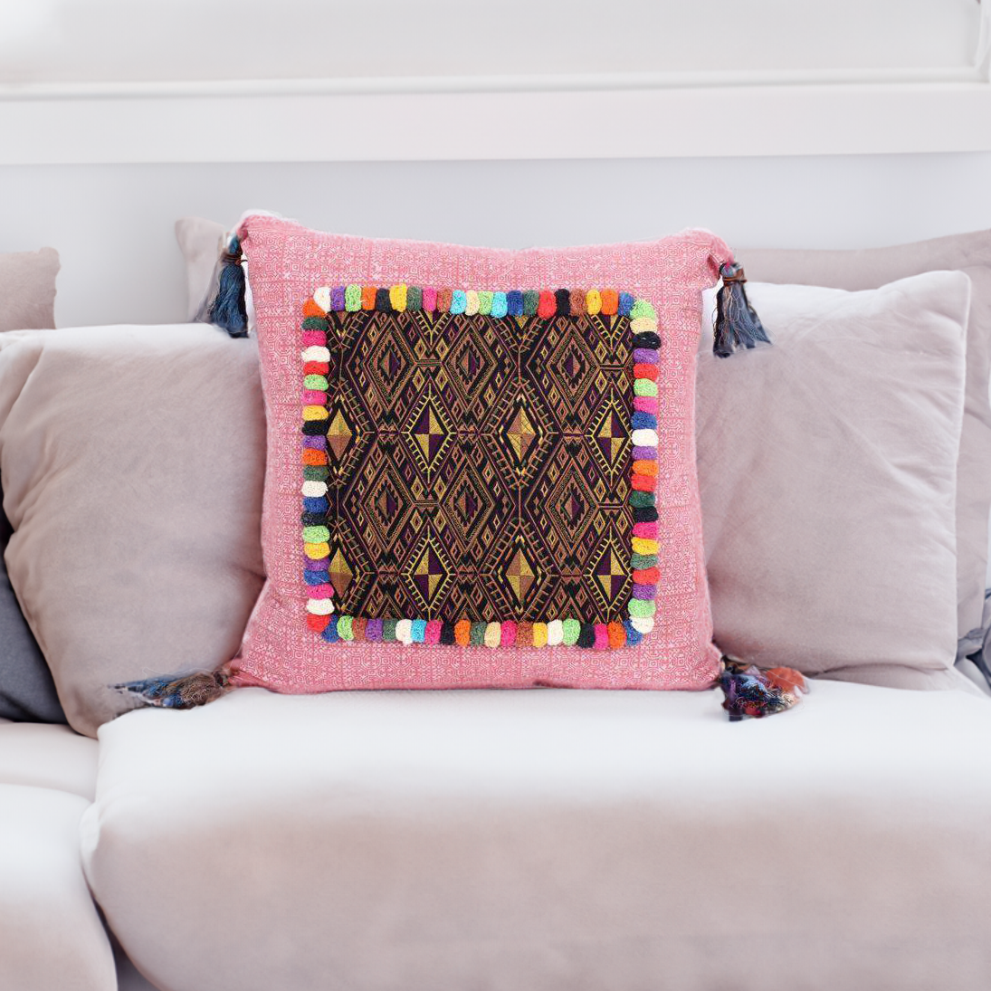 Batik Printed Embroidery Fabric Geometric Cushion - Thailand  DAME BOHEME