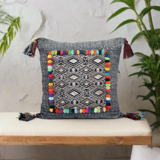 Batik Printed Embroidery Fabric Geometric Cushion - Thailand  DAME BOHEME