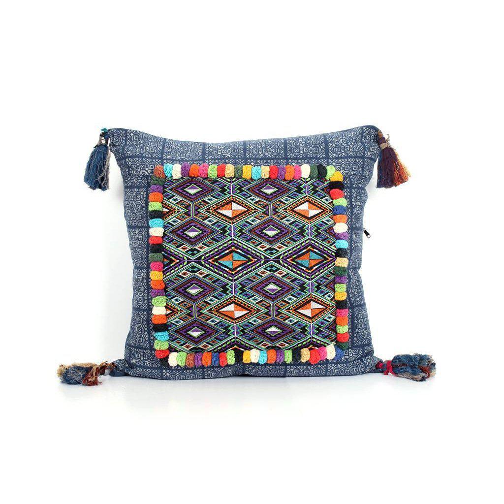 Batik Printed Embroidery Fabric Geometric Cushion - Thailand  DAME BOHEME