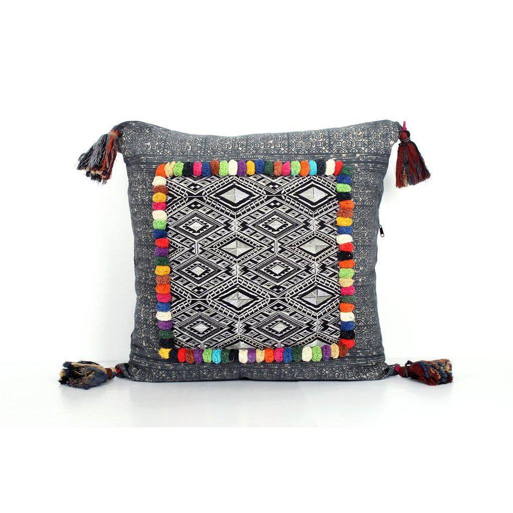 Batik Printed Embroidery Fabric Geometric Cushion - Thailand  DAME BOHEME