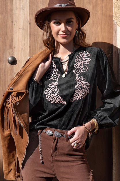 Embroidered Notched Neck Long Sleeve Blouse Trendsi
