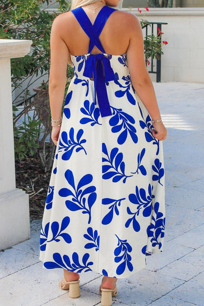 Blue Floral Print Crisscross Tie Back Sleeveless Long Dress  DAME BOHEME