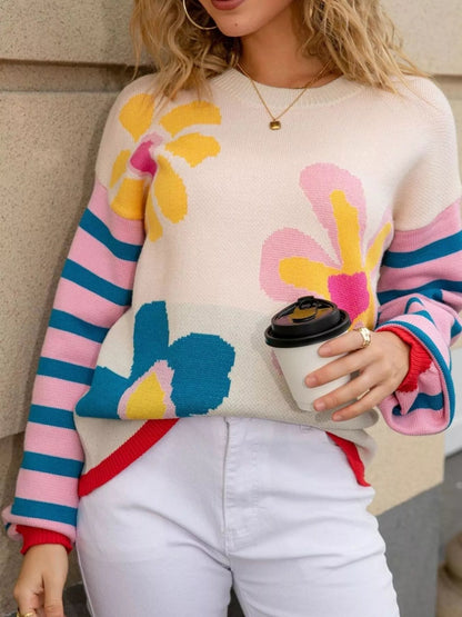Retro Floral Striped Sleeves Crew Neck Sweater  DAME BOHEME
