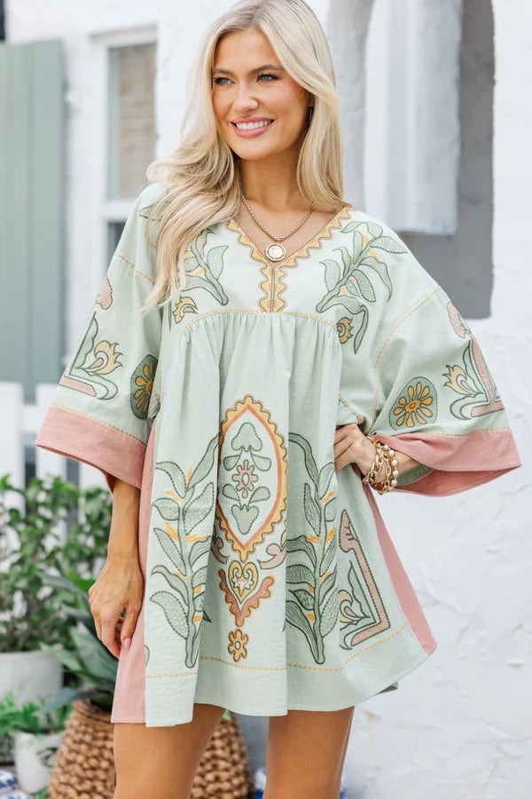 Printed V-Neck Kimono Sleeve Mini Dress Trendsi