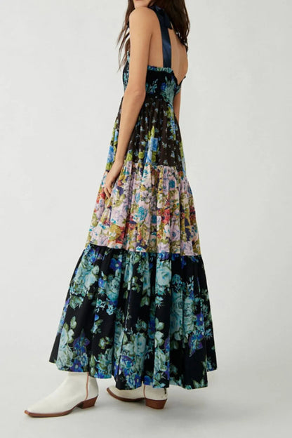 Floral Tiered Maxi Dress with Mixed Print Design Trendsi