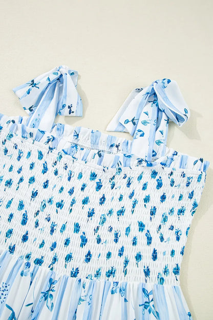 Floral Smocked Tied Straps A-Lined Tiered Dress