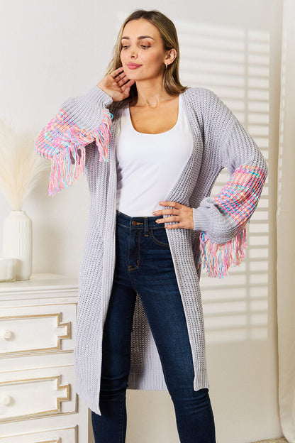 Woven Right Fringe Sleeve Dropped Shoulder Cardigan Trendsi