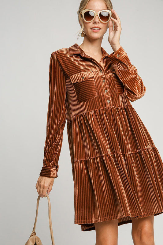 Umgee Texture Tiered Collared Long Sleeve Dress Trendsi