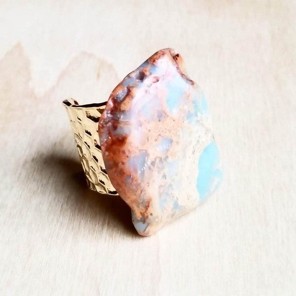 Chunky Aqua Terra Gemstone Slab on Hammered Cuff Adjustable Ring