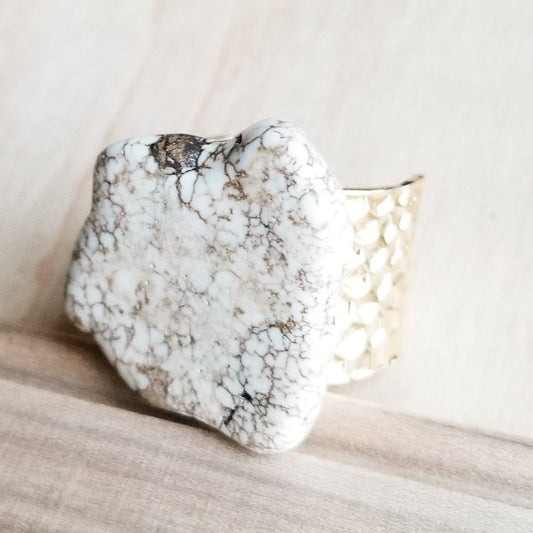White Turquoise Slab on Hammered Gold Ring Base The Jewelry Junkie