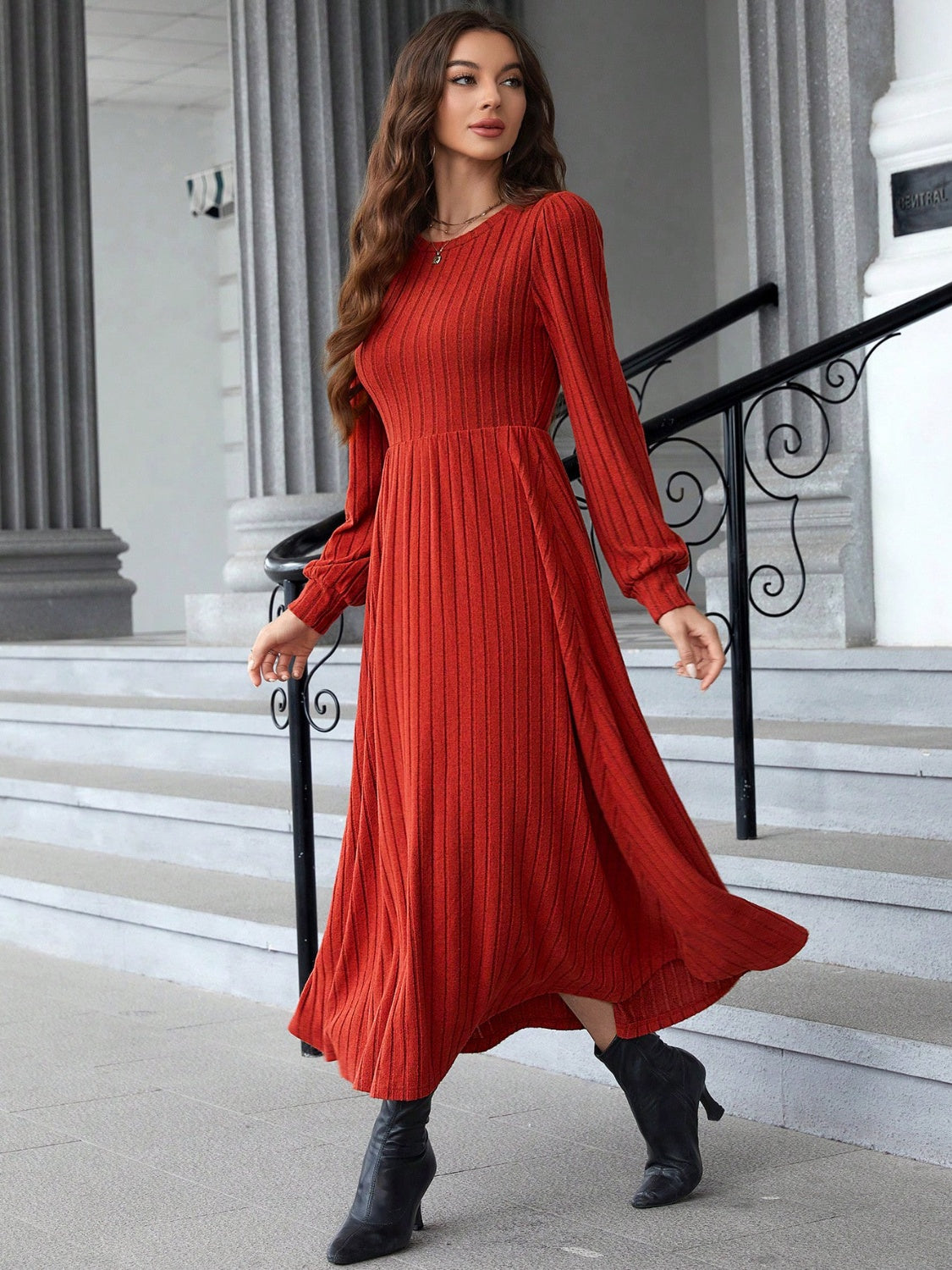 Ribbed Knit Puff Sleeve Flared Maxi Red Dress