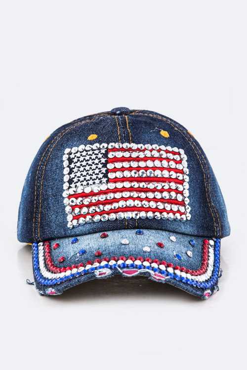 Crystal US Flag Embellished Fashion Denim Cap LA Jewelry Plaza