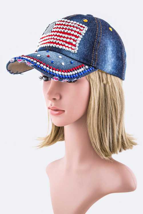 Crystal US Flag Embellished Fashion Denim Cap LA Jewelry Plaza