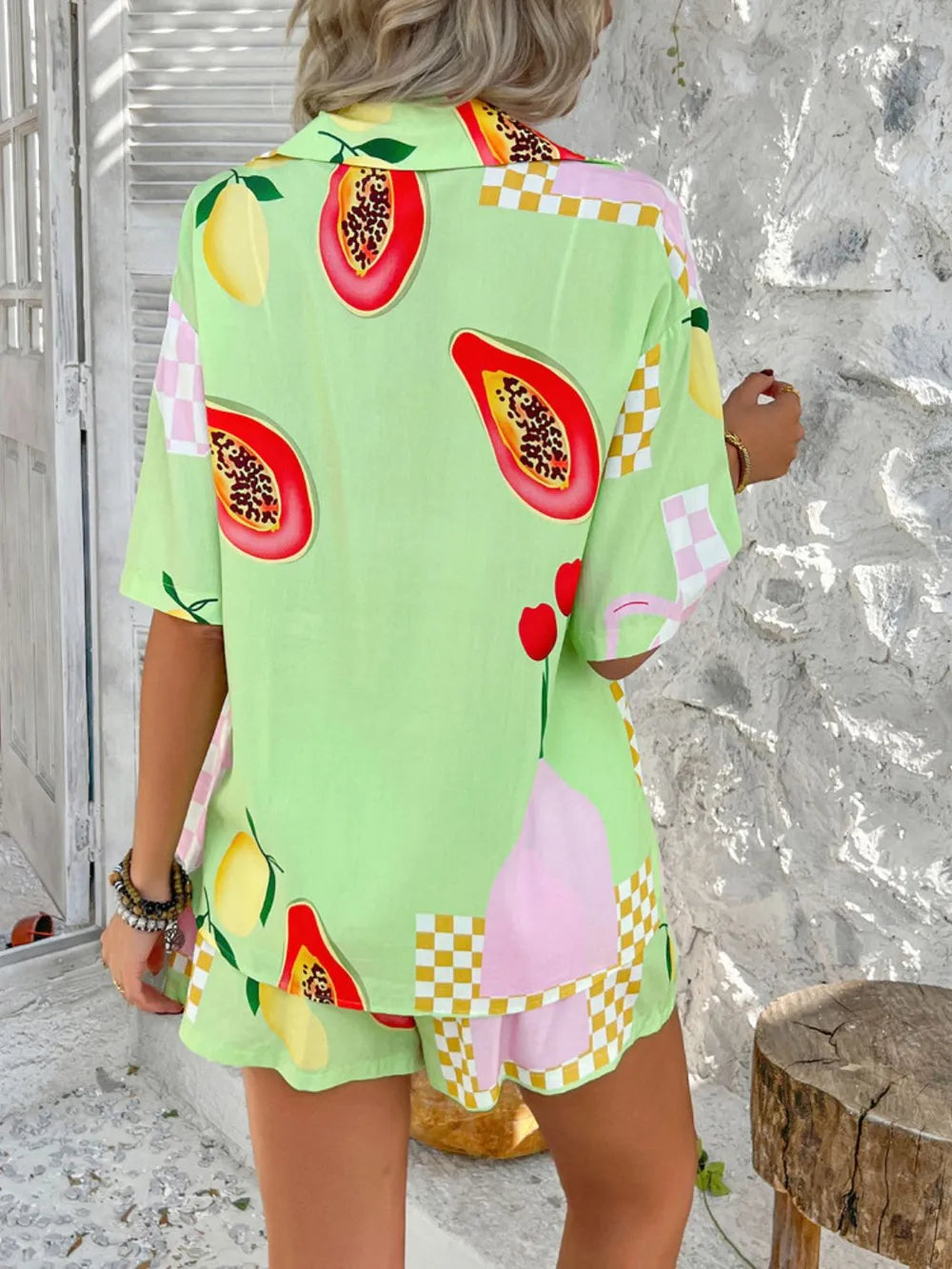 Devine Tropical Print Button-Down Shirt and Shorts Set Trendsi
