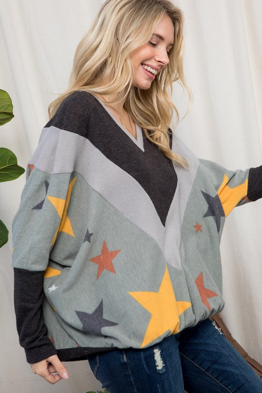 Cozy Star Prints Color Block Oversized Top