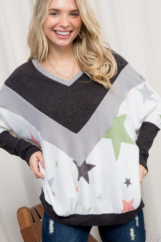 Cozy Star Prints Color Block Oversized Top