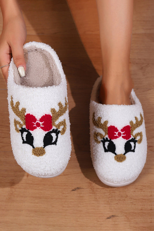 White Christmas Reindeer Cartoon Pattern Plush Slippers  DAME BOHEME