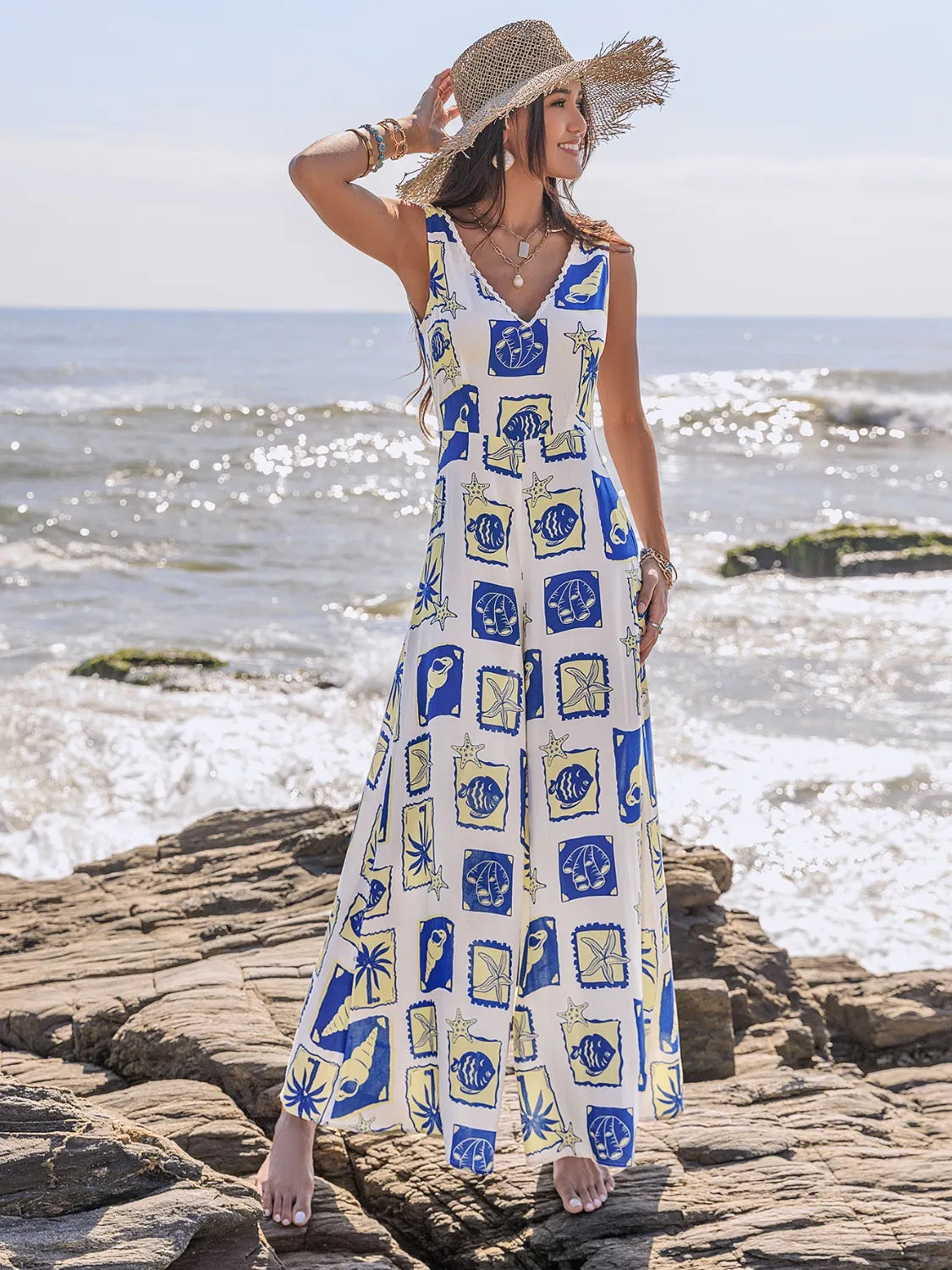 Printed V-Neck Wide Leg Jumpsuit Trendsi