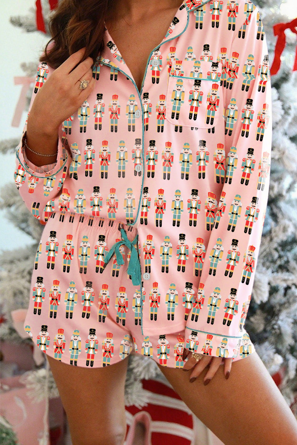 Pink Christmas Nutcracker Long Sleeve Shirt Shorts Pajama Set  DAME BOHEME