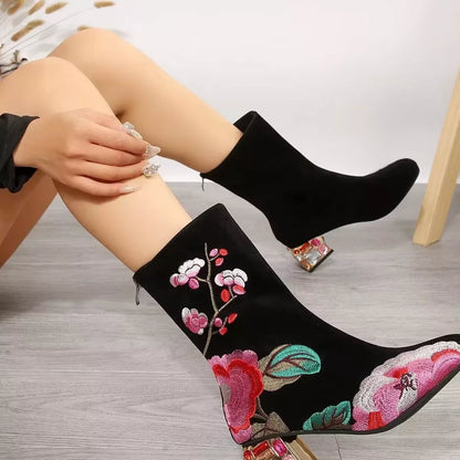 Floral Embroidered Rhinestone Block Heel Boots  DAME BOHEME