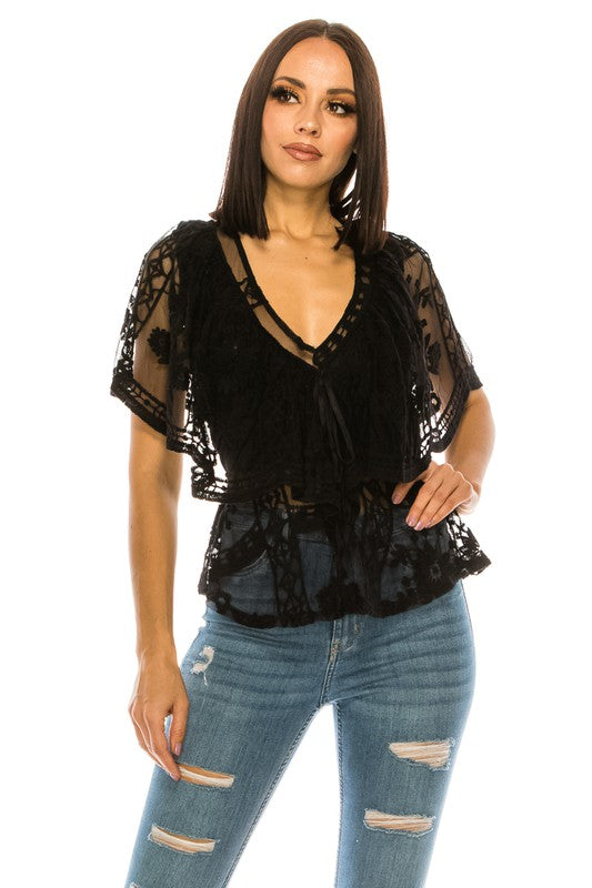 Peplum V Neck Floral Lace Short Sleeves Blouse Annva USA