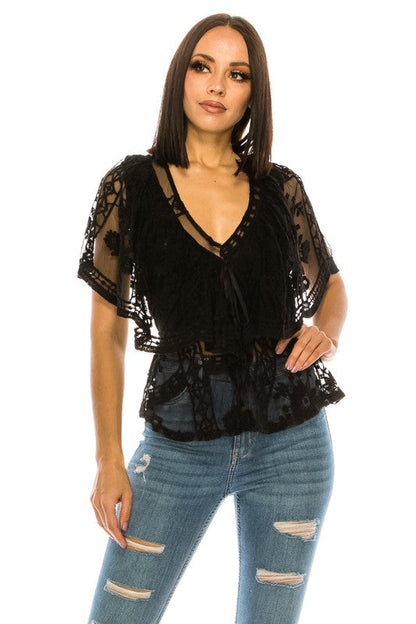 Peplum V Neck Floral Lace Short Sleeves Blouse Annva USA