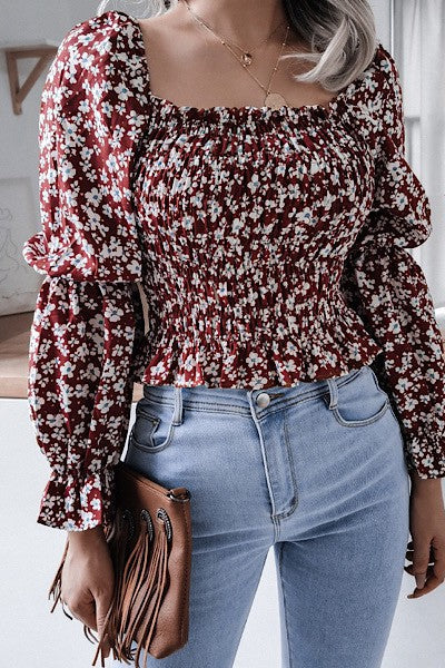 Smocked Floral Long Sleeve Crop Top Miss Sparkling