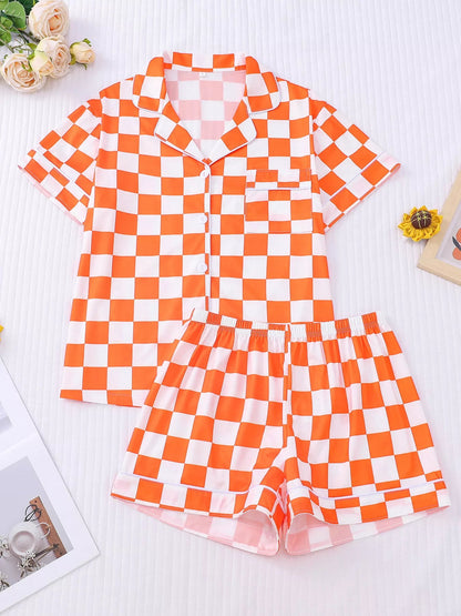 Checkered Print Button Up Top and Shorts Lounge Set  DAME BOHEME