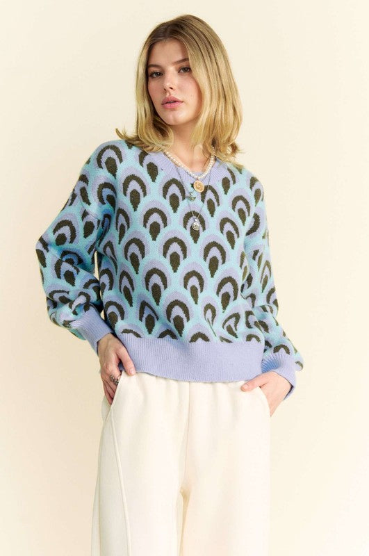 Scale Jacquard Round Neck Drop Shoulder Sweater Trendsi