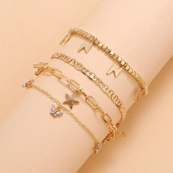 Trendy Player Gold Plated Adjustable Anklets 4-piece Set