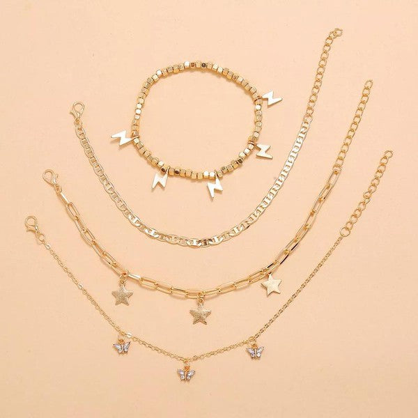 Trendy Player Gold Plated Adjustable Anklets 4-piece Set