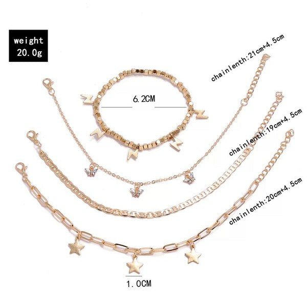 Trendy Player Gold Plated Adjustable Anklets 4-piece Set