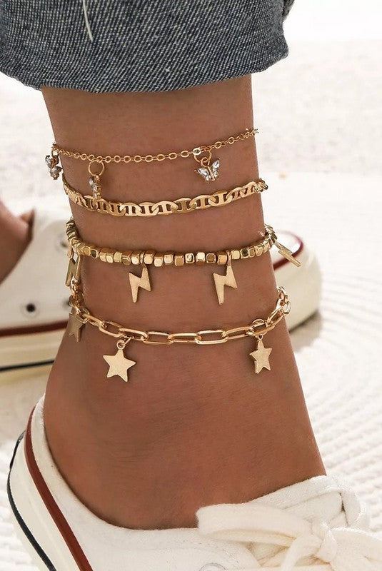 Trendy Player Gold Plated Adjustable Anklets 4-piece Set