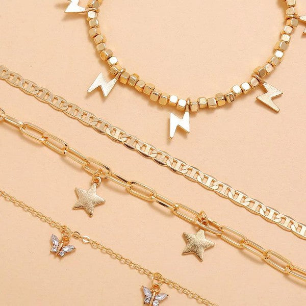 Trendy Player Gold Plated Adjustable Anklets 4-piece Set