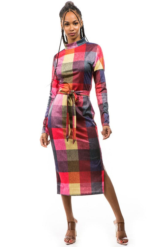 Colorful High Neckline Long-Sleeved Plaid Dress