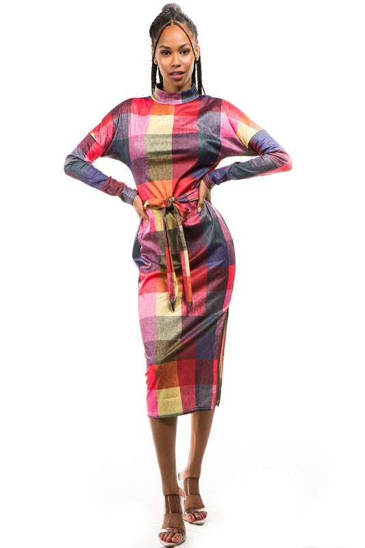 Colorful High Neckline Long-Sleeved Plaid Dress