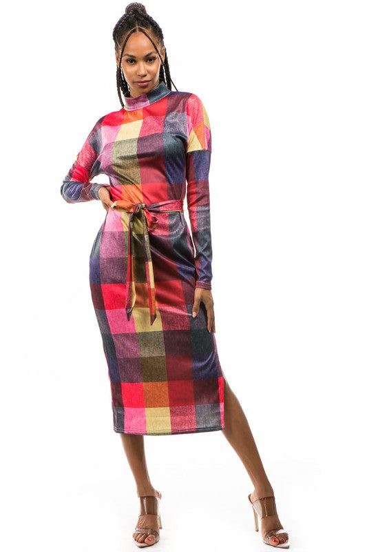 Colorful High Neckline Long-Sleeved Plaid Dress