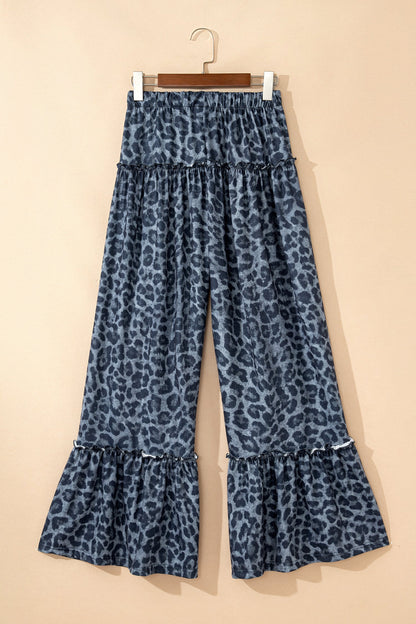 Gray Wild Leopard Print Frilled Detail Drawstring Wide Leg Pants  DAME BOHEME