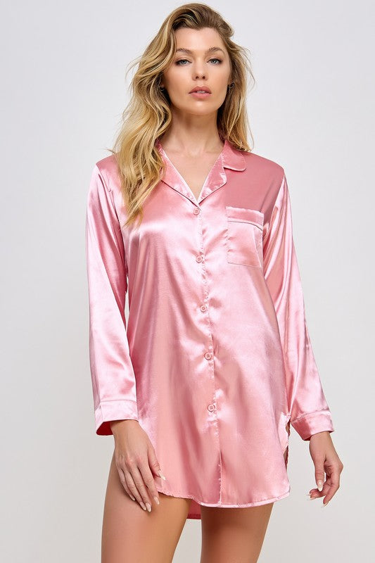 Kimberly Silky Pink Satin Button-down Sleepshirt BE WICKED