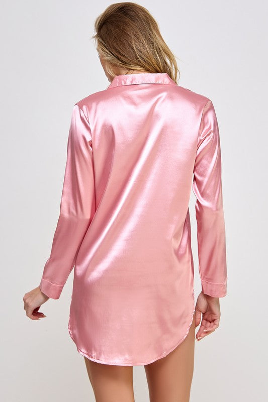 Kimberly Silky Pink Satin Button-down Sleepshirt BE WICKED