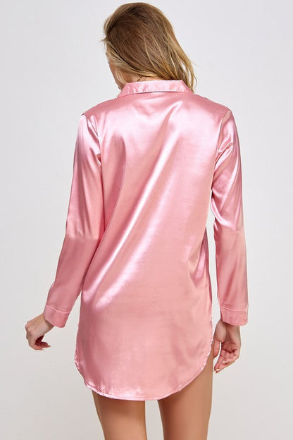Kimberly Silky Pink Satin Button-down Sleepshirt BE WICKED