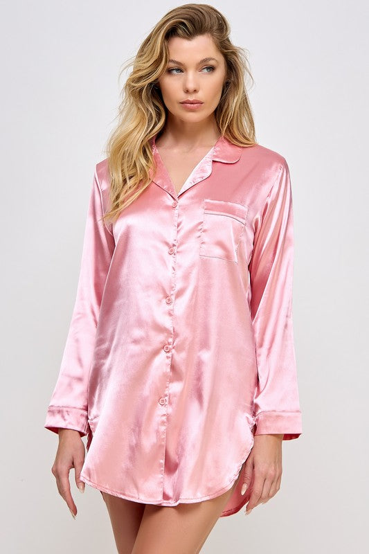 Kimberly Silky Pink Satin Button-down Sleepshirt BE WICKED