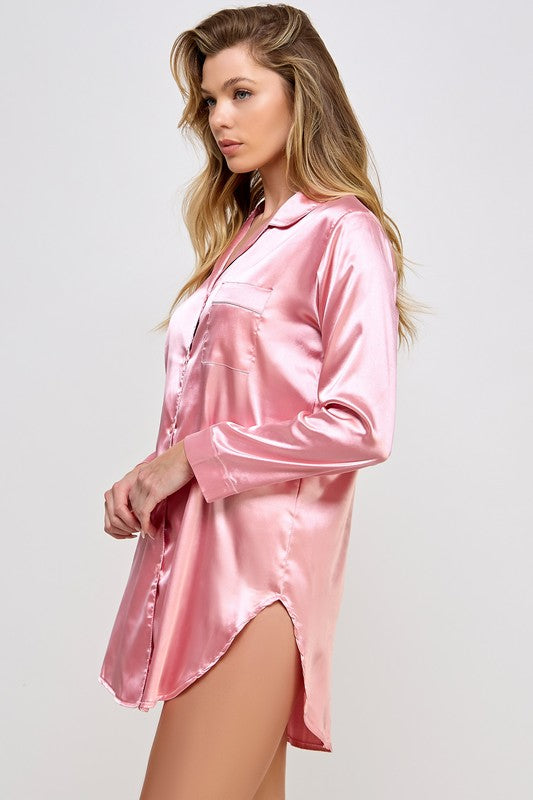 Kimberly Silky Pink Satin Button-down Sleepshirt BE WICKED