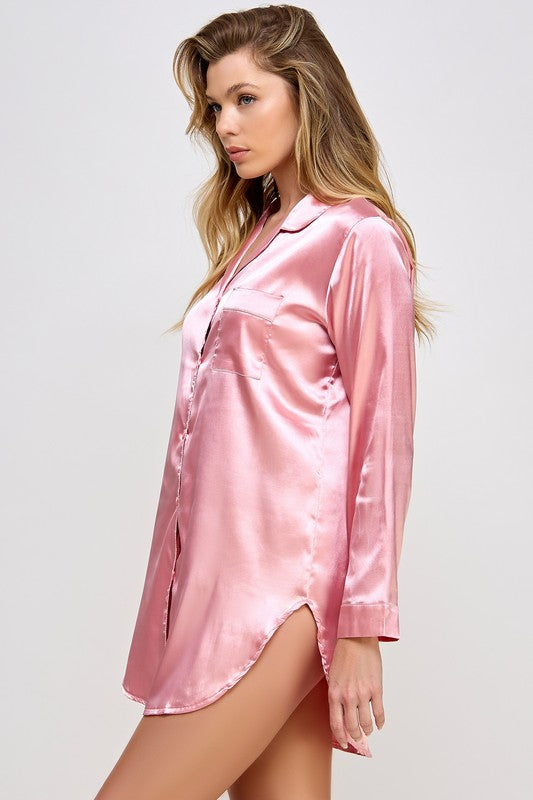 Kimberly Silky Pink Satin Button-down Sleepshirt BE WICKED