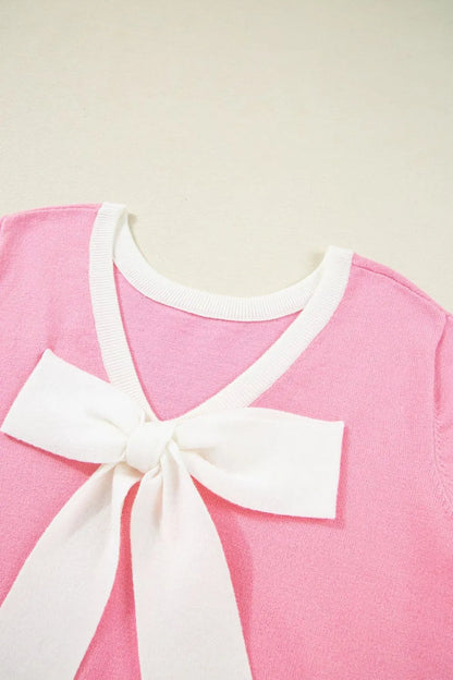 Bow Back Round Neck Short Sleeve Knit Top  DAME BOHEME