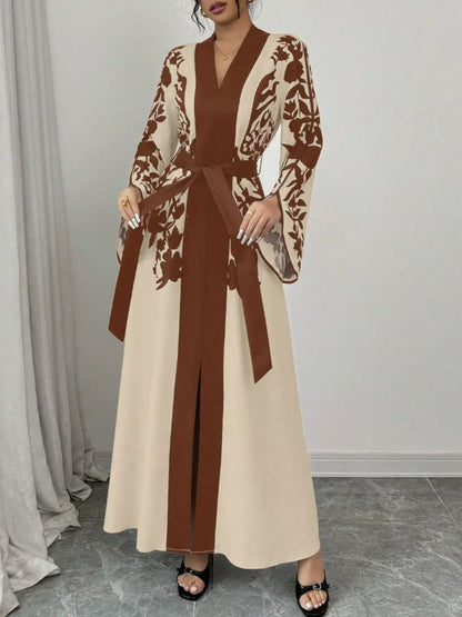 Printed Tie Waist Elegant Maxi Dress